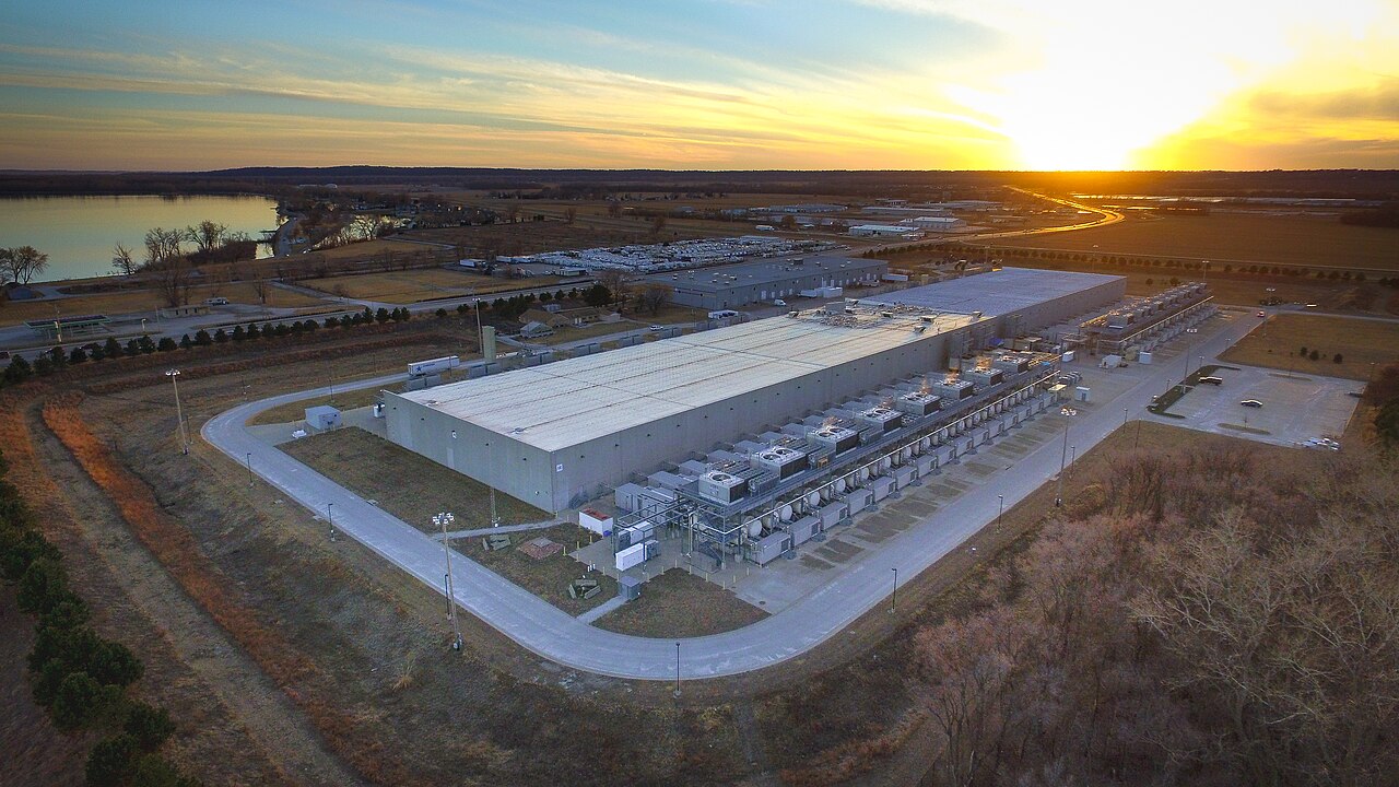 Aerial view of a data centre campus at sunset