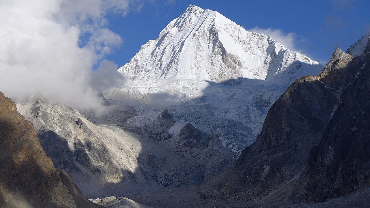 The snow-covered summit of Nemjung in Nepal's Manang district